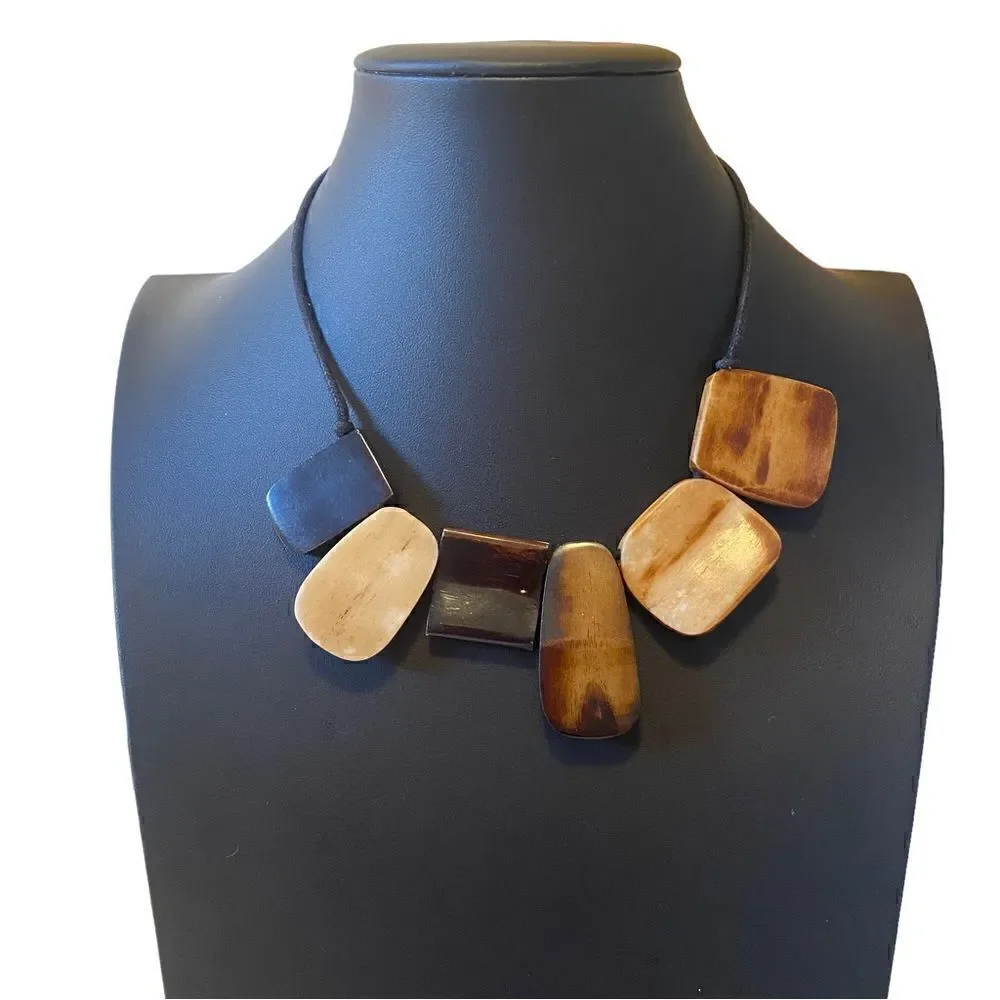 Six Piece Stone Tribal Looking Necklace on Black Adjustable Slide Cord.